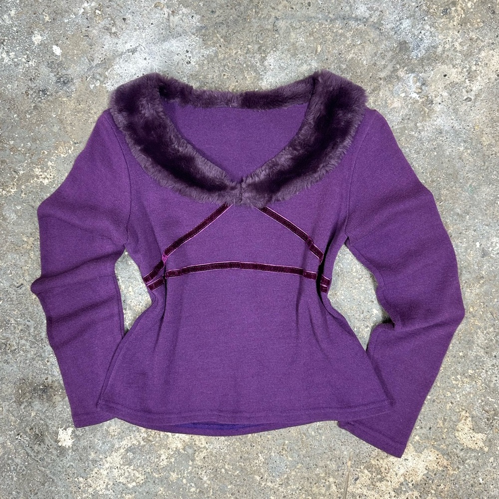 Purple Faux Fur Collar Knit Sweater